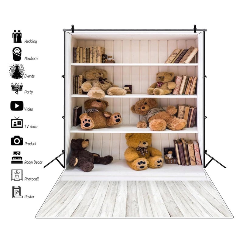 AOFOTO 3x5 قدم رف كتب أبيض مع خلفية تصوير دمى دببة عتيقة رف كتب أرضية خشبية ديكور غرفة دراسة داخلية للأطفال حديثي الولادة صور شخصية للأطفال الرضع أدوات استوديو - Image 3